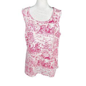 Lands End Women's 2X 20W-22W Tank Top White Pink Vacation Scene 100% Cotton